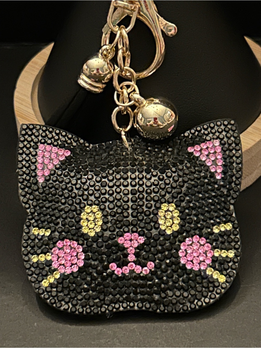 PREMIUM Puffy Black Crystal Cat 🐱 with Pink & Yellow Accents Bag Charm Keychain